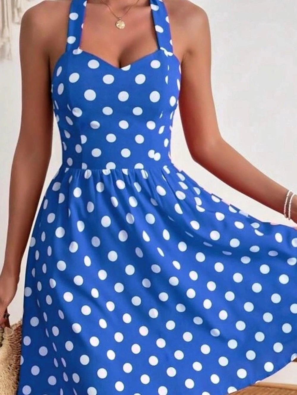 SHEIN VCAY Polka Dot Halter Dress Blue & White Size 6
